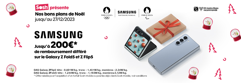 Bon plan jusqu'au 27 décembre 2023 Samsung Jusqu'à 200€* de remboursement différé sur le Galaxy Z Fold5 et Z Flip5