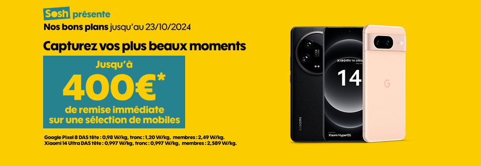 Sosh présente Nos bons plans jusqu'au 23/10/2024 Capturez vos plus beaux moments, jusqu'à 400€* de remise immédiate sur une sélection de mobiles