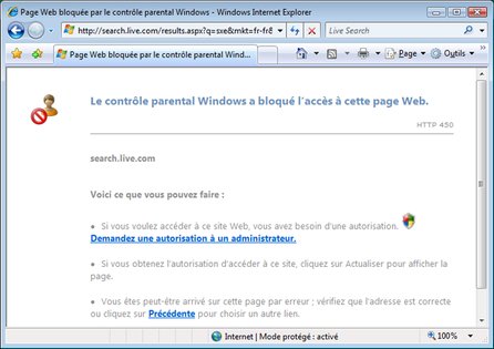 Page apparaissant lors du bloquage d'un site par le contrôle parental Windows Vista
