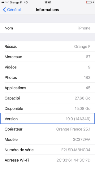 Étape 4 : Votre mobile affiche la version logicielle.