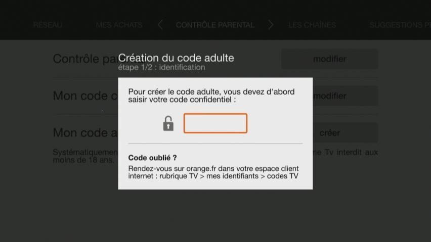 Décodeur TV d'Orange (accueil horizontal) : créer un nouveau code ...