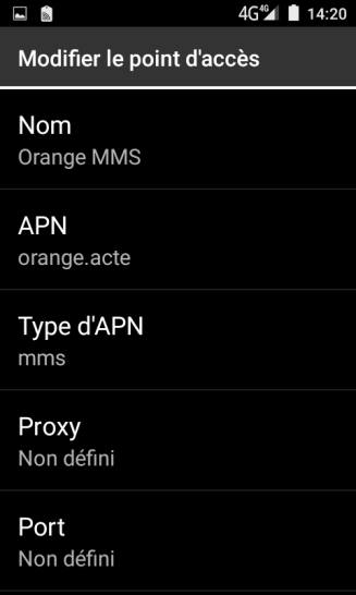 Étape 7 : Les paramètres affichés doivent être les suivants :Nom : Orange MMS.APN : orange.acte.Proxy : Non défini (par défaut).Port : Non défini (par défaut).Nom d'utilisateur : orange.Mot de passe : orange.Serveur : Non défini (par défaut).MMSC: http://mms.orange.fr.Proxy MMS : 192.168.10.200.Port MMS : 8080 (par défaut).MMC: 208 (par défaut).MNC : 01.Type d'authentification : PAP (par défaut).Type d'APN : mms.Protocole de l'APN : IPv4.Protocola de l'APN en itinérance : IPv4.Activer/désactiver APN : case grisée (APN activé).Réseau : Non spécifié.Type MVNO : Aucun.Valeur MVNO : Non défini.