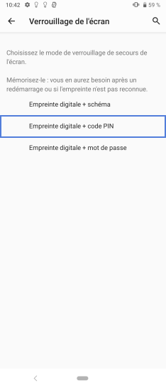 Étape 6 : Choisissez Empreinte digitale + code PIN comme mode de déverrouillage de secours.