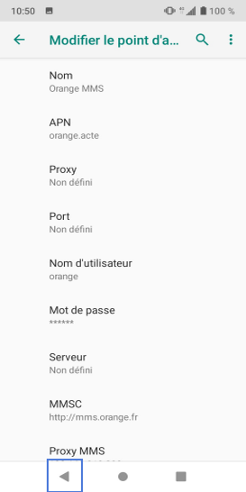 Étape 8 : Les paramètres affichés doivent être les suivants :- Nom : MMS Orange.- APN : orange.acte.- Proxy : Non défini (par défaut).- Port : Non défini (par défaut).- Nom d'utilisateur : orange.- Mot de passe : orange.- Serveur : Non défini (par défaut).- MMSC: http://mms.orange.fr.- Proxy MMS : 192.168.10.200.- Port MMS : 8080 (par défaut).- MMC: 208 (par défaut).- MNC : 01.- Type d'authentification : PAP.- Type d'APN : mms.- Protocole APN : IPv4.- Protocole APN en itinérance : IPv4.- Activer/désactiver APN : activé (par défaut) .- Réseau : Non spécifié.- Type MVNO : Aucun.- Valeur MVNO : Non défini.Le profil MMS Orange est configuré.Sélectionnez Retour pour revenir sur l'écran précédent.la manipulation et les informations du profils seront les même pour l'autre carte SIM.