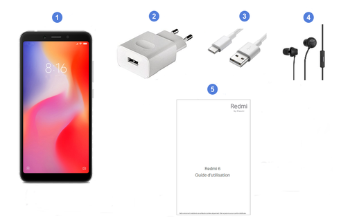 Xiaomi Redmi 6, contenu du coffret.