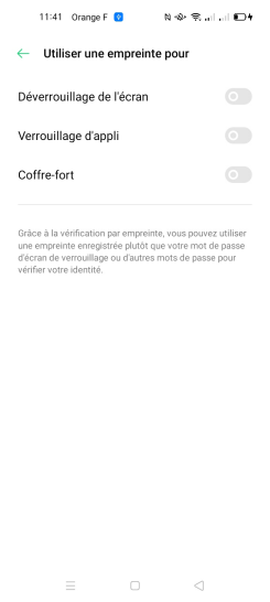 Étape 7 : Cliquez sur la flèche pour revenir sur l'interface de gestion.Le déverrouillage par empreinte est désactivé, mais le code de sécurité reste activé.