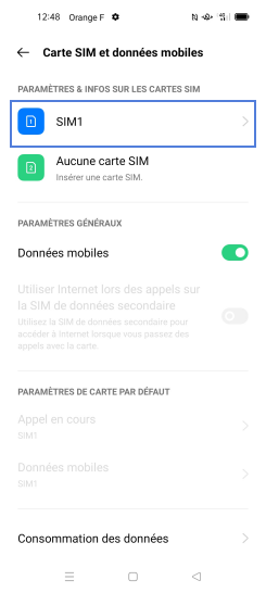 Étape 4 : Sélectionnez la carte SIM1 (dans notre exemple).