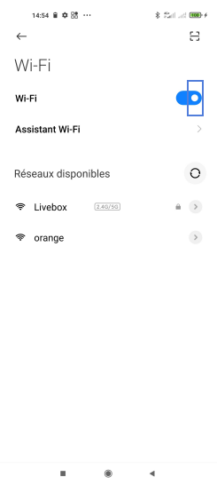 Étape 4 : Appuyez sur le bouton virtuel correspondant à Wi-Fi.le bouton virtuel glisse vers la gauche et redevient gris.