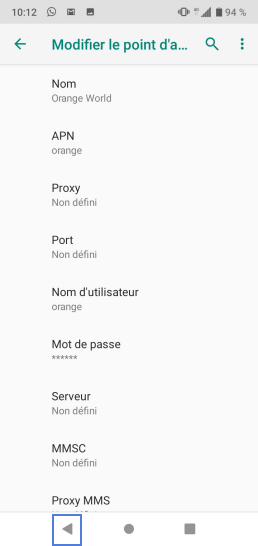 Étape 8 : Les paramètres affichés doivent être les suivants :- Nom : MMS Orange.- APN : orange.acte.- Proxy : Non défini (par défaut).- Port : Non défini (par défaut).- Nom d'utilisateur : orange.- Mot de passe : orange.- Serveur : Non défini (par défaut).- MMSC: http://mms.orange.fr.- Proxy MMS : 192.168.10.200.- Port MMS : 8080 (par défaut).- MMC: 208 (par défaut).- MNC : 01.- Type d'authentification : Non défini (par défaut).- Type d'APN : mms.- Protocole de l'APN : IPv4.- Protocole de l'APN en itinérance : IPv4.- Activer/désactiver APN : case grisée (APN activé).- Porteur: Non spécifié.- Type MVNO : Aucun.- Valeur MVNO : Non défini.Le profil MMS Orange est configuré.Sélectionnez Retour pour revenir sur l'écran précédent.la manipulation et les informations du profils seront les même pour l'autre carte SIM.
