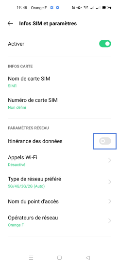 Étape 5 : Faites glisser le curseur Itinérance des données vers la droite pour activer les connexions de données depuis l'étranger.Par défaut l'itinérance des données depuis l'étranger est désactivée. La méthode sera la même pour l'autre carte SIM.