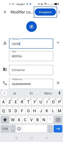 Étape 5 : La fiche du contact apparaît.Modifiez les informations du contact.Validez les nouvelles coordonnées en cliquant sur Enregistrer.