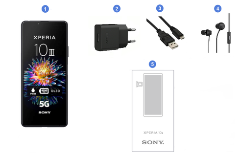 Sony Xperia 10 III 5G, contenu du coffret.