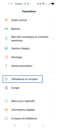 Étape 2 : Choisissez Utilisateurs et comptes.