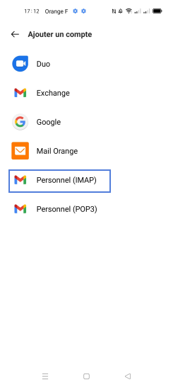 Étape 4 : Sélectionner le type de compte parmi la liste, dans notre exemple Personnel (IMAP).