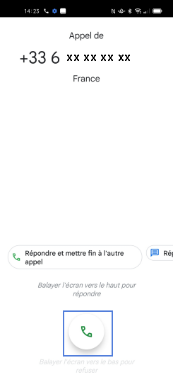 Étape 2 : Faites glisser la pastille verte vers la droite pour décrocher l'appel 2.
