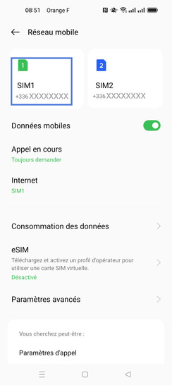 Étape 4 : Sélectionnez la carte SIM1 (dans notre exemple).