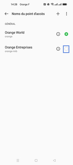 Étape 6 : Le mobile affiche la liste des points d'accès.Sélectionnez le profil pour le définir comme profil Internet et MMS par défaut.Dans notre exemple, sélectionnez Orange Entreprise.Par défaut le point d'accès Orange World est activé.