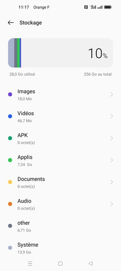 Étape 5 : Le mobile affiche l'espace total disponible et occupé par les différents contenus enregistrés sur votre mobile.