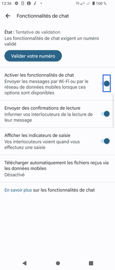 Étape 6 : Sélectionnez le bouton virtuel correspondant à Activer les Fonctionnalités de Chat.
