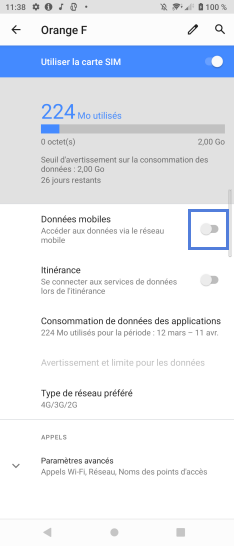 Étape 5 : Faites glisser le curseur Données Mobiles vers la droites pour les activer.