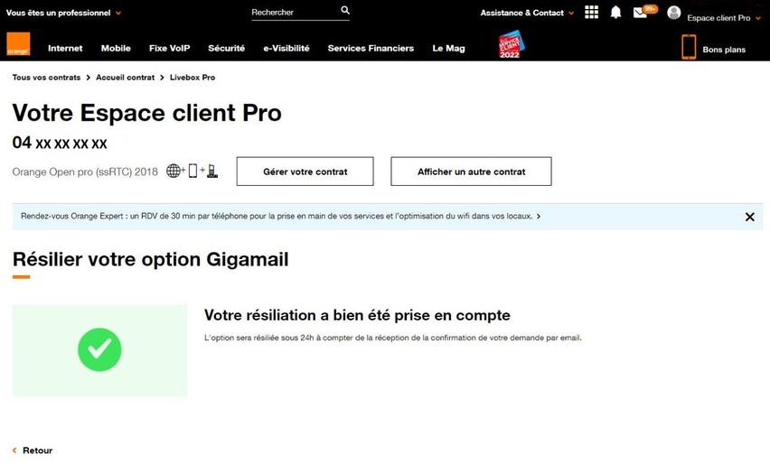 Espace client Pro : résilier une option Mobile, Internet ou TV