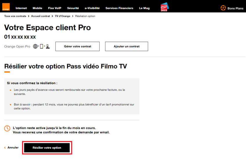 comment résilier mon abonnement orange pro