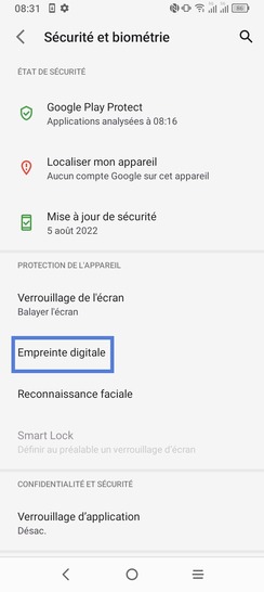 Étape 3 : Sélectionnez Empreinte digitale.Lors de la première création d'empreinte digitale, veuillez définir un code de déverrouillage de l'écran et le confirmer.