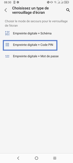 Étape 4 : Déterminez un mode de verrouillage secondaire. Dans notre exemple, Empreinte digitale + Code PIN.Remarque : ce mode secondaire vous sera demandé si l'empreinte digitale n'est pas reconnue ou bien au démarrage suite à une extinction.