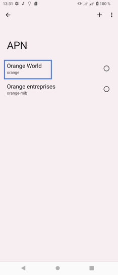 Étape 7 : Sélectionnez Orange World.Pour les mobiles Sony sous Android 13, le profil Orange World contient à la fois les critères d'accès internet et d'envoi de MMS.