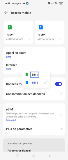 Étape 5 : Choisissez l'autre carte SIM (gérera l'accès à internet).
