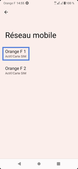 Étape 5 : Sélectionnez la carte SIM souhaitée (dans notre exemple, sélectionnez Orange F1).il se peut que 2 cartes SIM soient insérées dans le mobile.