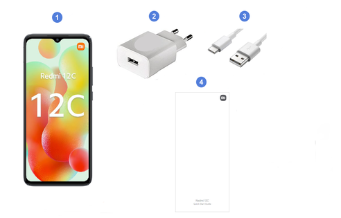 Xiaomi Redmi 12C, contenu du coffret.