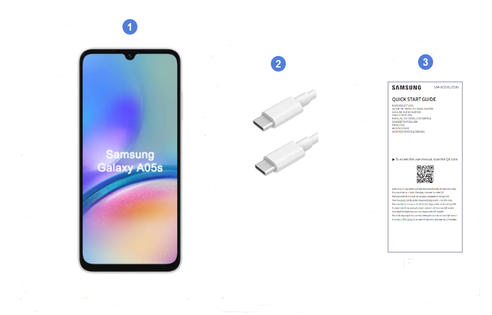 Samsung Galaxy A05s, contenu du coffret.