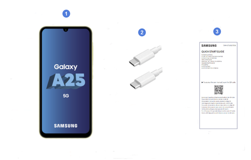 Samsung Galaxy A25 5G, contenu du coffret.