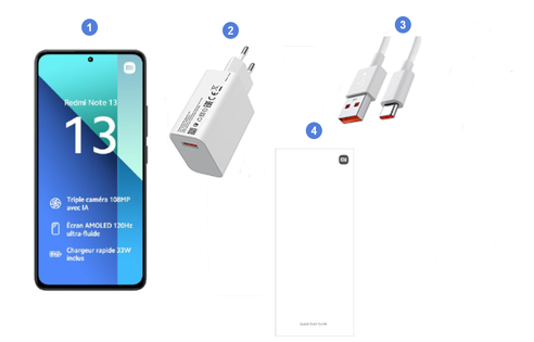 Xiaomi Redmi Note 13 4G, contenu du coffret.