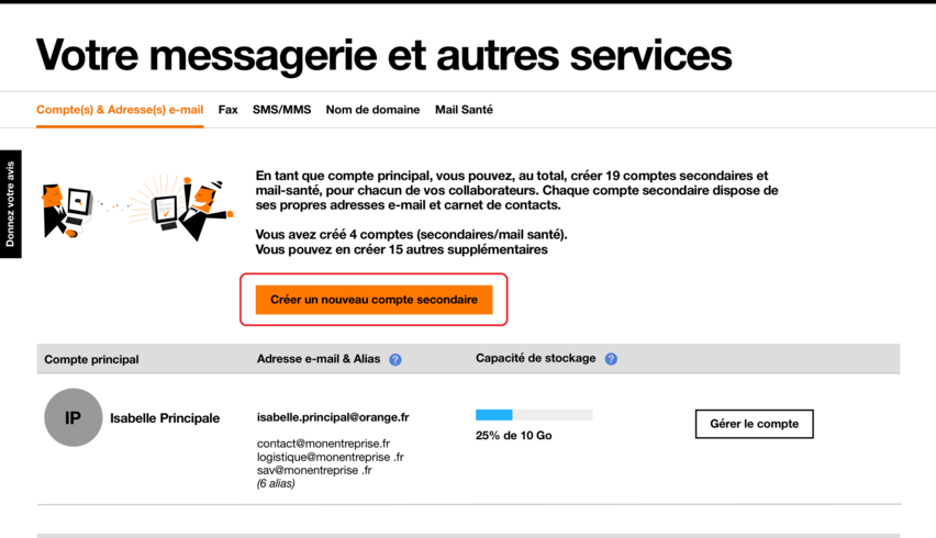 créer une adresse mail secondaire orange pro