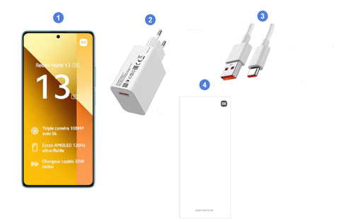 Xiaomi Redmi Note 13 5G, contenu du coffret.