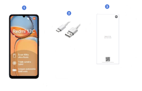 Xiaomi Redmi 13C, contenu du coffret.