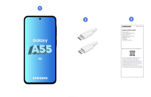 Samsung Galaxy A55 5G, contenu du coffret.