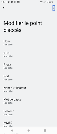 Étape 8 : Saisissez les données de paramétrage.La suite des paramètres doit être renseignée comme suit :- Nom : MMS Orange- APN : orange.acte- Proxy : non défini- Port : non défini- Nom d'utilisateur : orange- Mot de passe : orange- Serveur : Non défini- MMSC : http://mms.orange.fr- Proxy MMS : 192.168.010.200- Port MMS : 8080- MCC : 208- MNC : 01- Type d'authentification : PAP- Type d'APN : mms- Protocole APN : IPv4- Protocole  d'itinérance APN : IPv4- Activer/désactiver APN : APN activé- Support : Non défini- Type d'opérateur du réseau virtuel m... : Aucun(e)- Valeur de l'opérateur du réseau virtu... : Non définiAppuyez sur l'icône options.