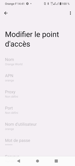 Étape 8 : Vérifiez les données de paramétrages du profil Orange World ; ils doivent être renseignés comme suit :- Nom : Orange World- APN : orange- Proxy : non défini- Port : non défini- Nom d'utilisateur : orange- Mot de passe : orange (masqué)- Serveur : non défini- MMSC : http://mms.orange.fr- Proxy MMS : non défini- Port MMS : non défini- MCC : 208- MNC : 01- Type d'authentification : PAP ou CHAP- Type d'APN : default,supl,fota,wap- Protocole APN : IPv4- Protocole APN en itinérance : IPv4- Activer/désactiver APN : activé (information grisée)- Réseau : non spécifié- Type MVNO : aucun- Valeur MVNO : non défini (information grisée)Revenez sur l'écran d'accueil si la configuration est correcte.Si les paramètres sont erronés, vous devez saisir un nouvel APN MMS.Nous sommes là pour vous aider à maintenir une connexion optimale avec vos proches.