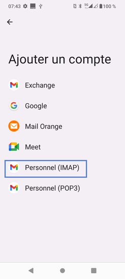 Étape 5 : Choisissez votre Fournisseur d'Accès Internet (FAI). Dans le cadre de notre démonstration, sélectionnez Personnel (IMAP).