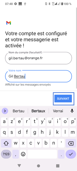 Étape 9 : Terminez la configuration :- Nommez la boîte mail.- Saisissez votre nom et prénom.Sélectionnez Suivant.