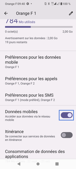 Étape 6 : Faîtes glisser le curseur Données vers la gauche pour désactiver la connexion de données en France.Par défaut les connexion de données sont activées.