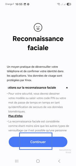 Étape 9 : Prenez connaissance des informations relatives à la Reconnaissance faciale puis allez sur Continuer.