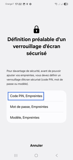 Étape 6 : Sélectionnez une méthode de déverrouillage secondaire (exemple : code PIN, Empreintes).Déterminez un code puis cliquez sur Continuer.Confirmez le code puis appuyez sur OK.Ce code vous sera demande au cas ou le visage n'est pas reconnu ou lors d'un redémarrage du mobile.