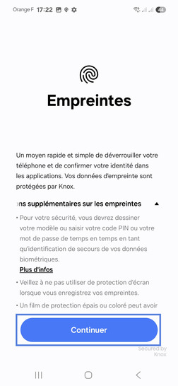 Étape 9 : Prenez connaissance des informations relatives à la prise d'empreintes puis allez sur Continuer.
