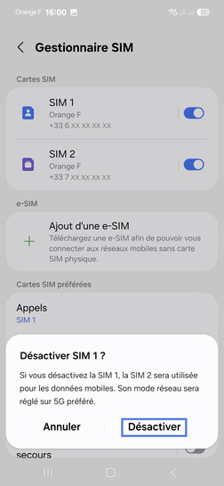 Étape 6 : Confirmez votre choix avec Désactiver.