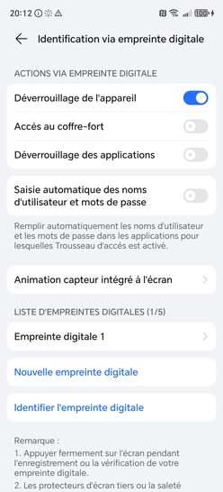 Étape 12 : Votre empreinte est désormais enregistrée, et le déverrouillage de votre mobile par cette méthode est activé.Si vous désirez ajouter une autre empreinte, cliquez sur Nouvelle empreinte digitale et répétez le processus.Nous sommes ravis de vous accompagner dans la mise en place de cette fonctionnalité qui allie sécurité et confort. Votre confiance est notre priorité.