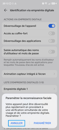 Étape 11 : Possibilité de paramétrer la reconnaissance faciale.dans notre exemple, sélectionnez Annuler.